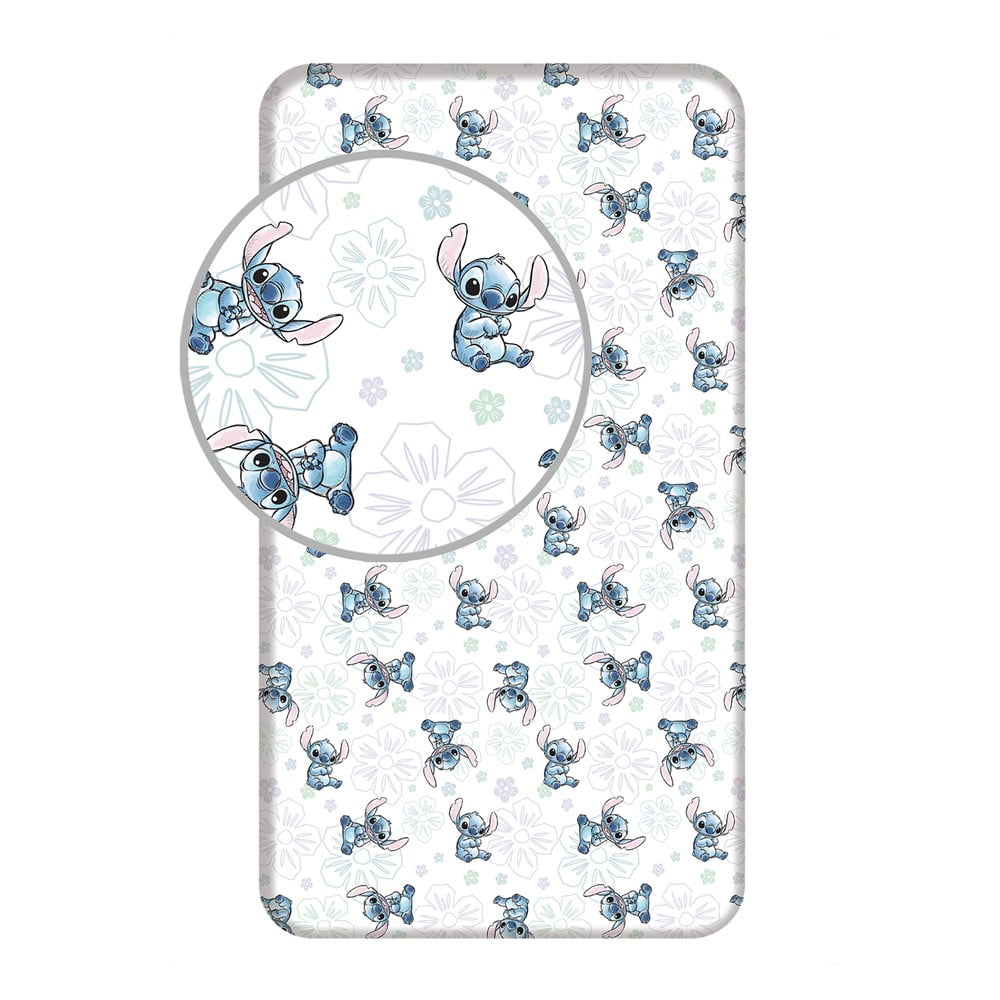 Fehér gumis egyszemélyes pamut gyerek lepedő 90x200 cm Lilo and Stitch "Ohana White"  – Jerry Fabrics