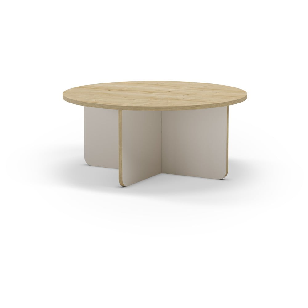 Krémszínű-natúr színű kerek dohányzóasztal tölgyfa dekoros asztallappal ø 80 cm Hillary – Marckeric