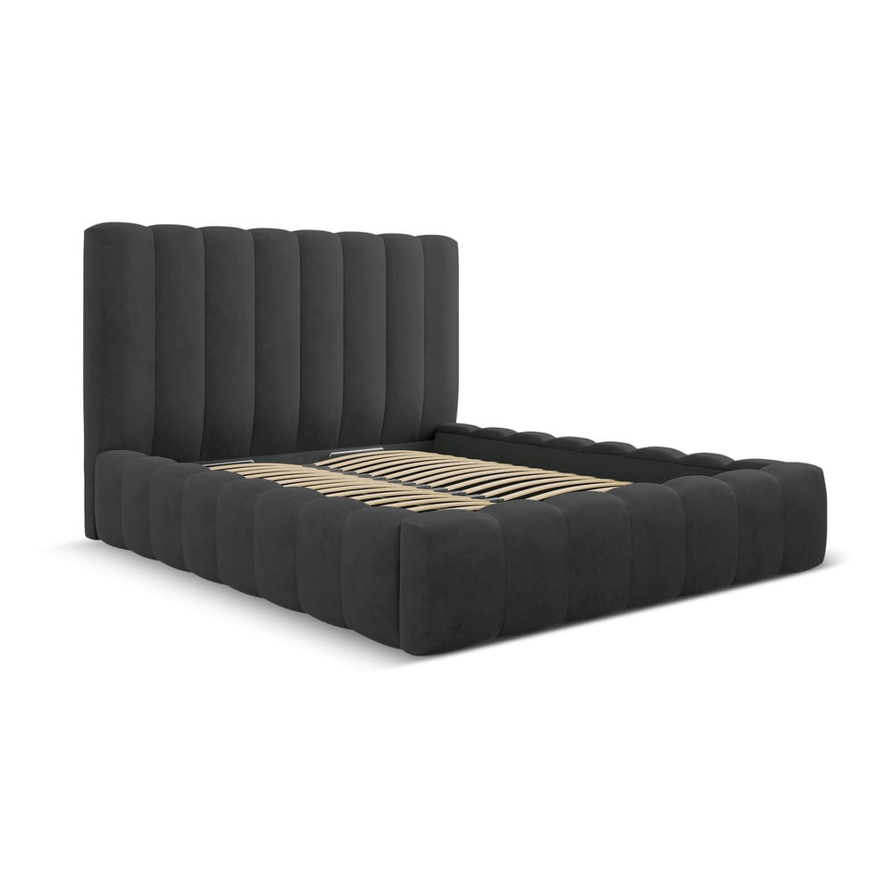 Antracitszürke kárpitozott ágyneműtartós franciaágy ágyráccsal 180x200 cm Kelp – Micadoni Home