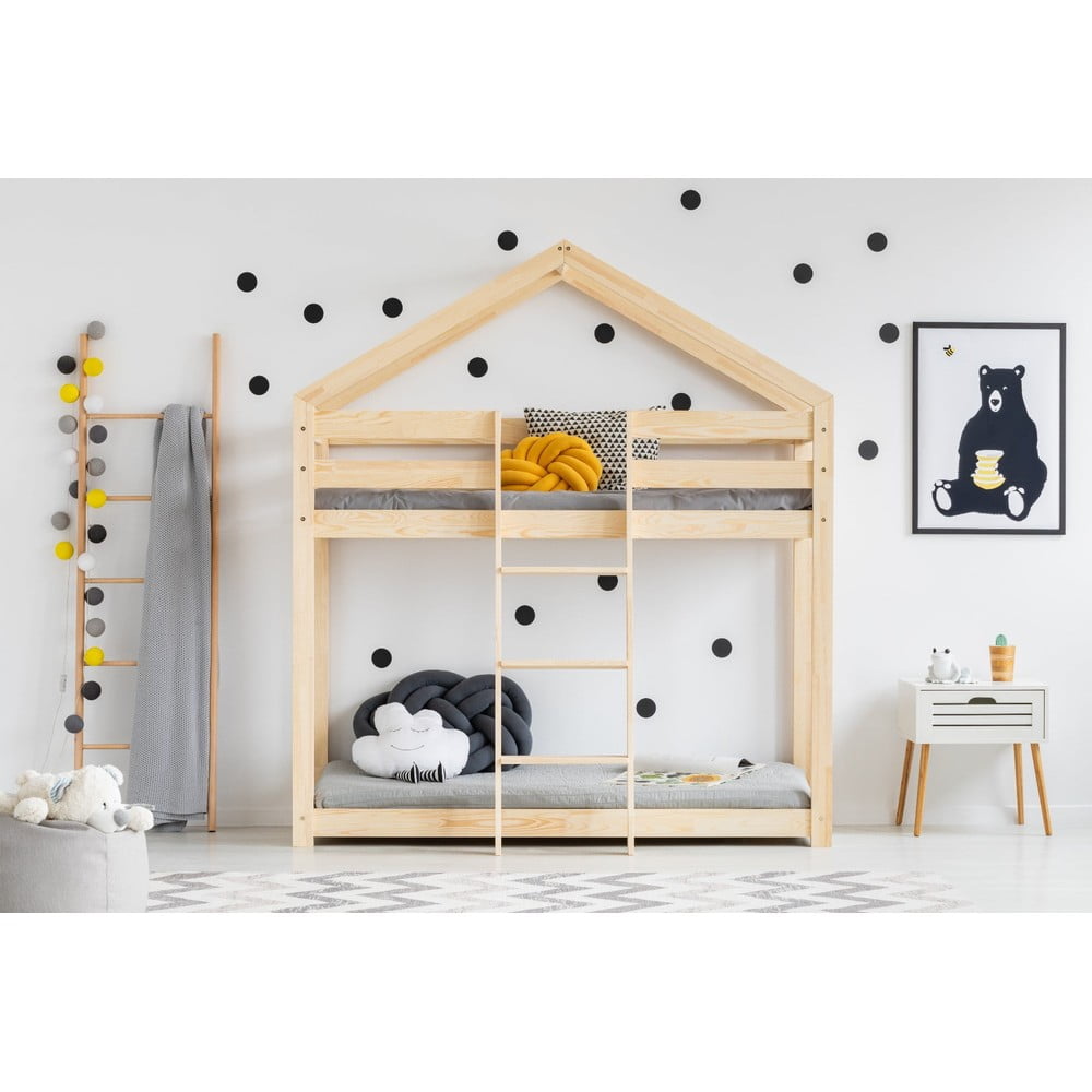 Natúr színű házikó alakú-emeletes borovi fenyő gyerekágy 80x180 cm Mila DMP – Adeko