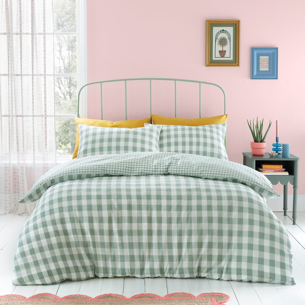 Zöld egyszemélyes ágyneműhuzat 135x200 cm Seersucker Gingham Check – Catherine Lansfield