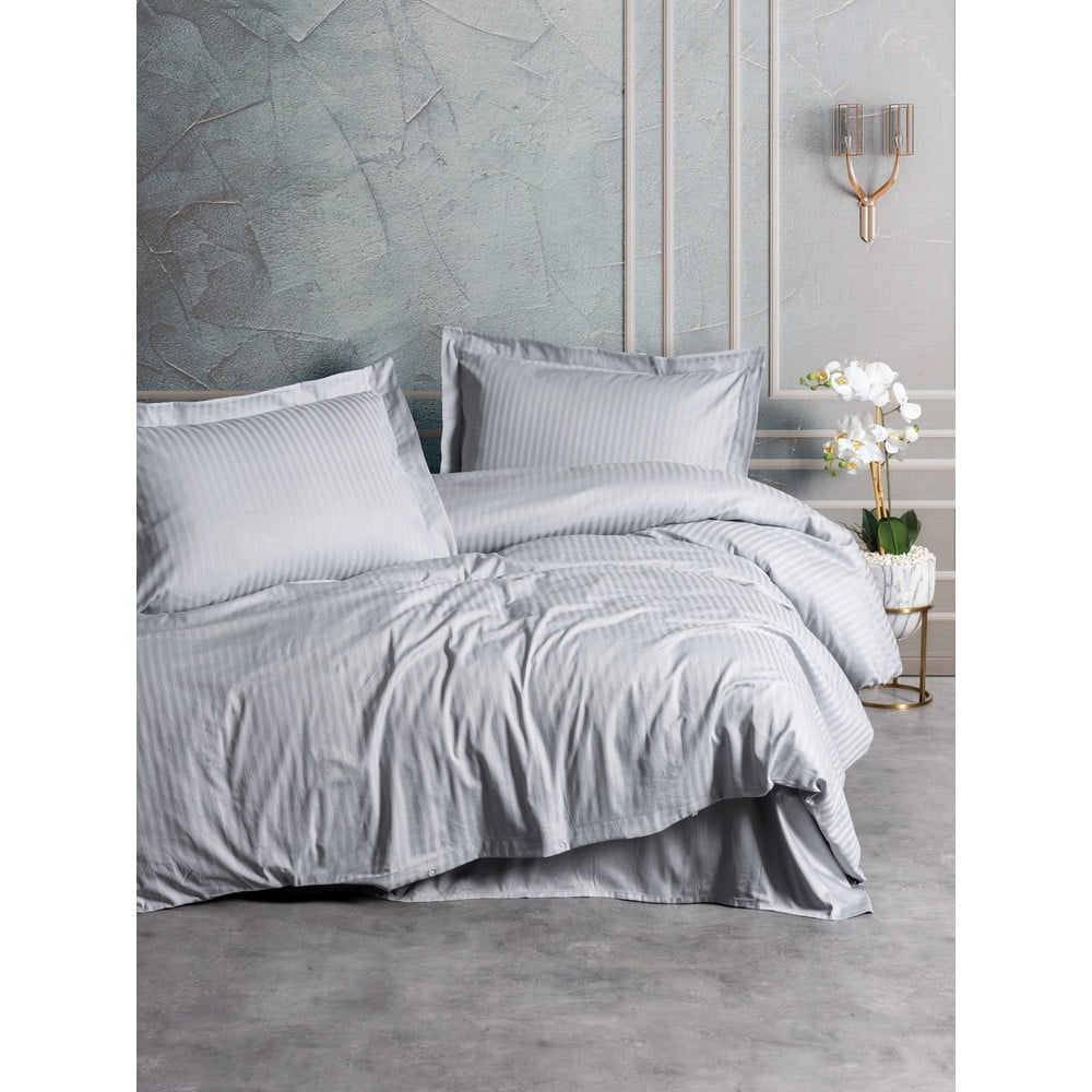 Világosszürke kétszemélyes hosszabbított pamut-szatén ágyneműhuzat 240x220 cm Stripe – Mijolnir