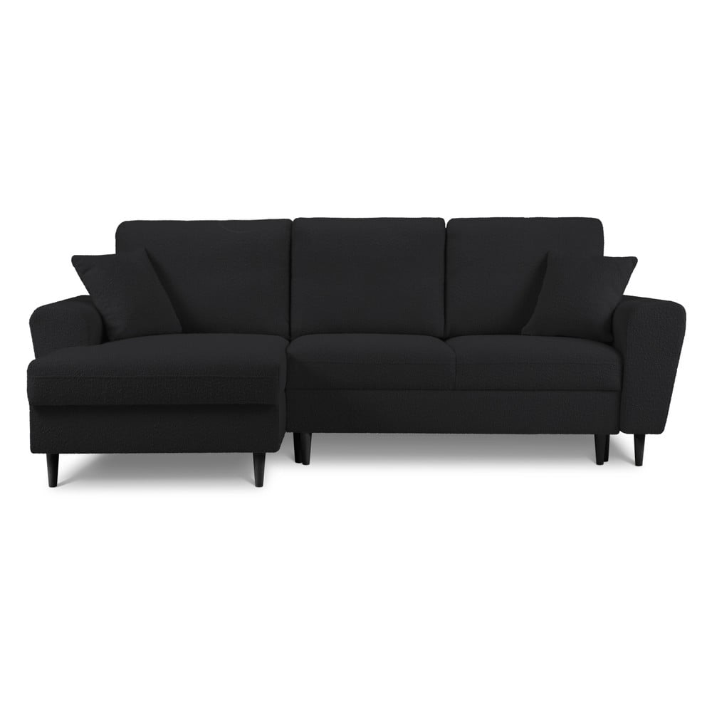 Fekete buklé kinyitható tárolóhelyes sarokkanapé (bal oldali-heverő résszel) Kyoto – Cosmopolitan Design