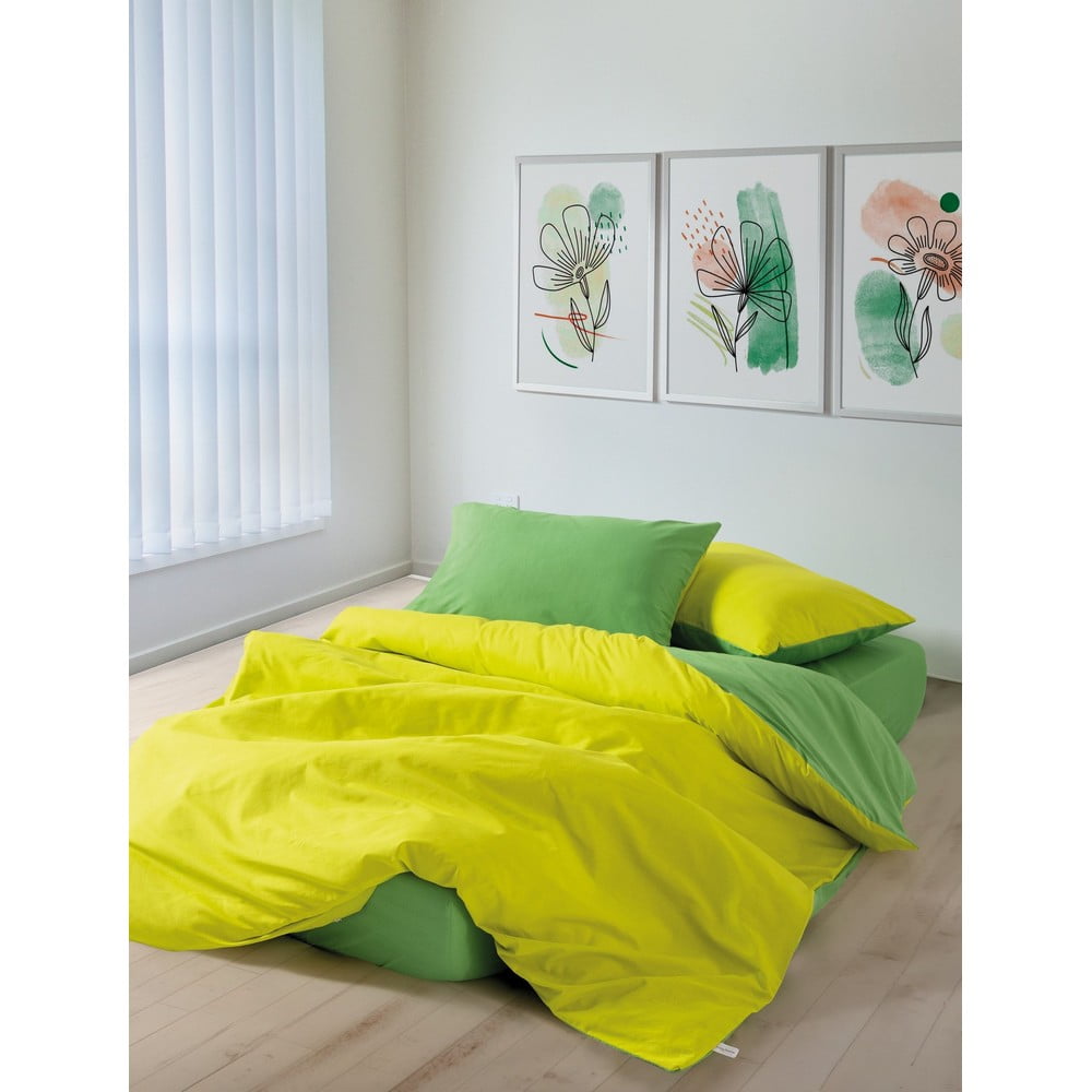 Sárga-zöld négyrészes  kétszemélyes hosszabbított renforcé pamut ágyneműhuzat lepedővel  200x220 cm Sage – Mijolnir