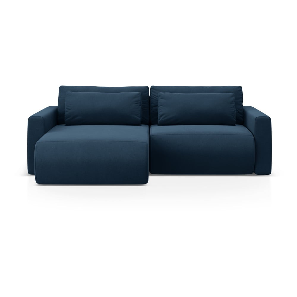 Sötétkék bársony kinyitható tárolóhelyes sarokkanapé Belfast – Cosmopolitan Design