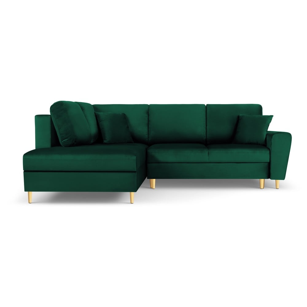 Zöld bársony kinyitható tárolóhelyes sarokkanapé (bal oldali-L alakú) Kyoto – Cosmopolitan Design