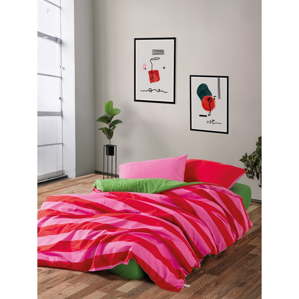 Zöld-rózsaszín négyrészes kétszemélyes hosszabbított renforcé pamut ágyneműhuzat lepedővel 200x220 cm Cherie – Mijolnir