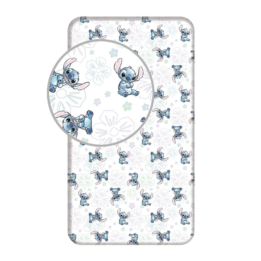 Fehér gumis egyszemélyes pamut gyerek lepedő 90x200 cm Lilo and Stitch "Ohana White"  – Jerry Fabrics