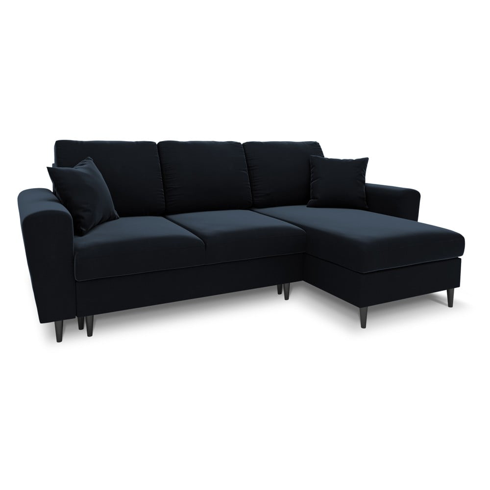 Sötétkék bársony kinyitható tárolóhelyes sarokkanapé Kyoto – Cosmopolitan Design