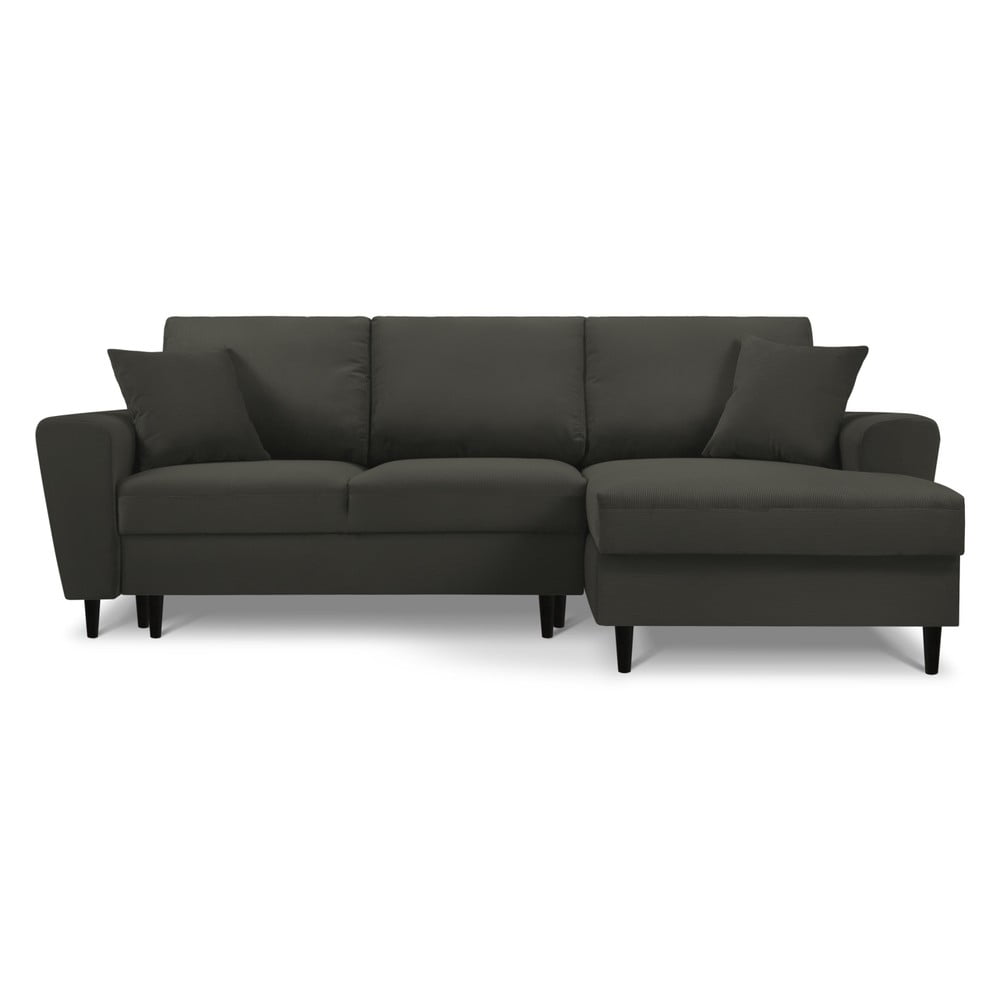 Fekete kordbársony kinyitható tárolóhelyes sarokkanapé (jobb oldali-heverő résszel) Kyoto – Cosmopolitan Design