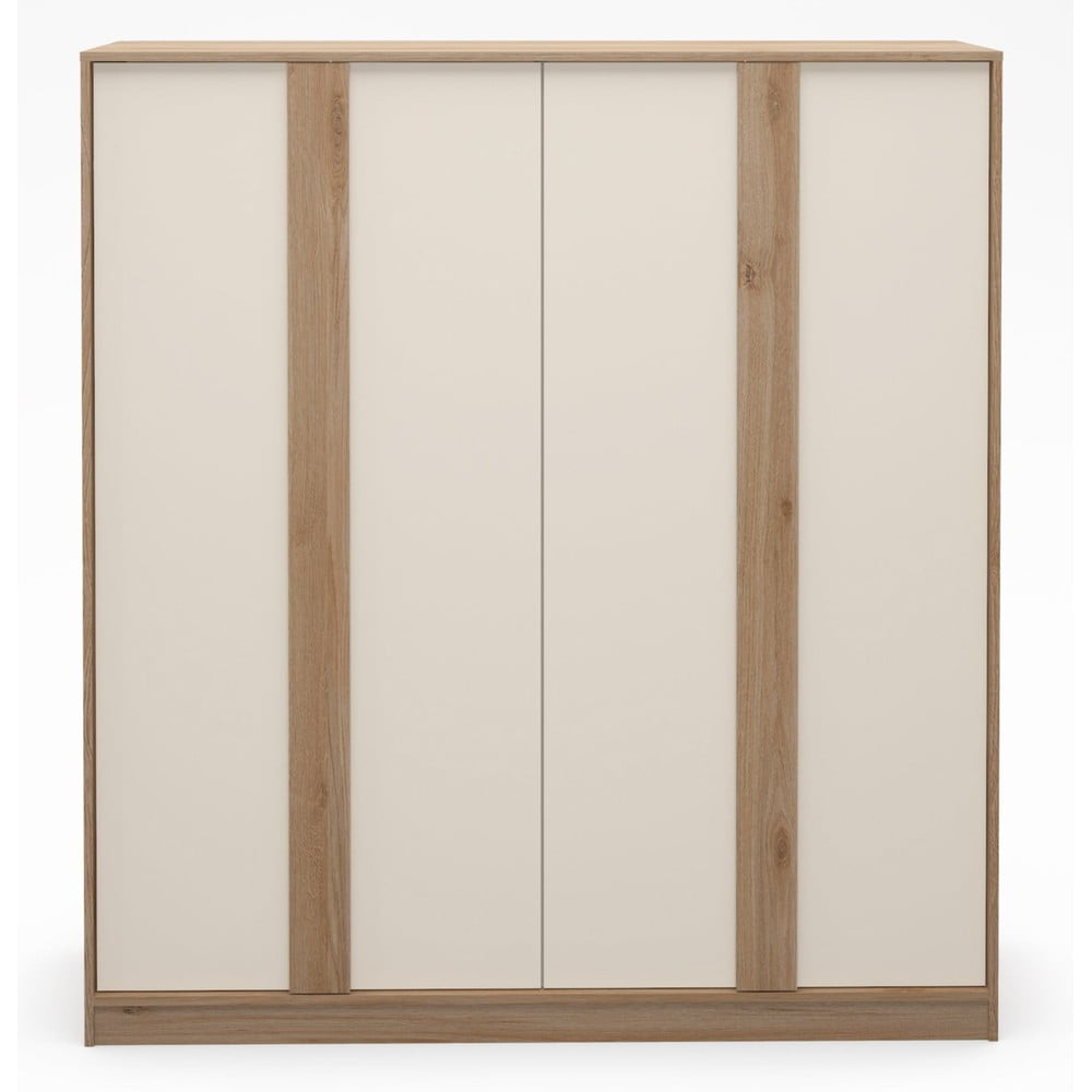Krémszínű-natúr színű ruhásszekrény tölgyfa dekorral 180x197