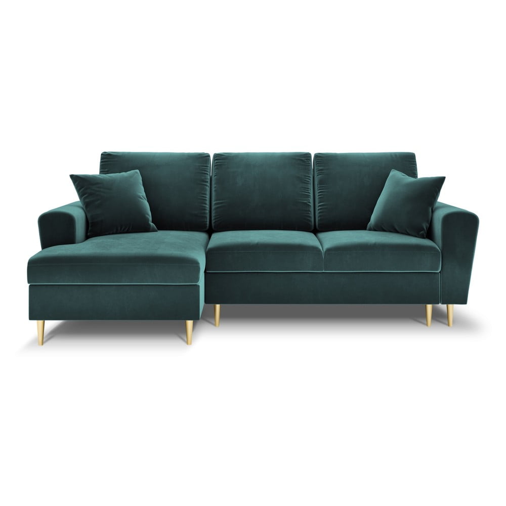 Petróleum színű bársony kinyitható tárolóhelyes sarokkanapé (bal oldali-heverő résszel) Kyoto – Cosmopolitan Design