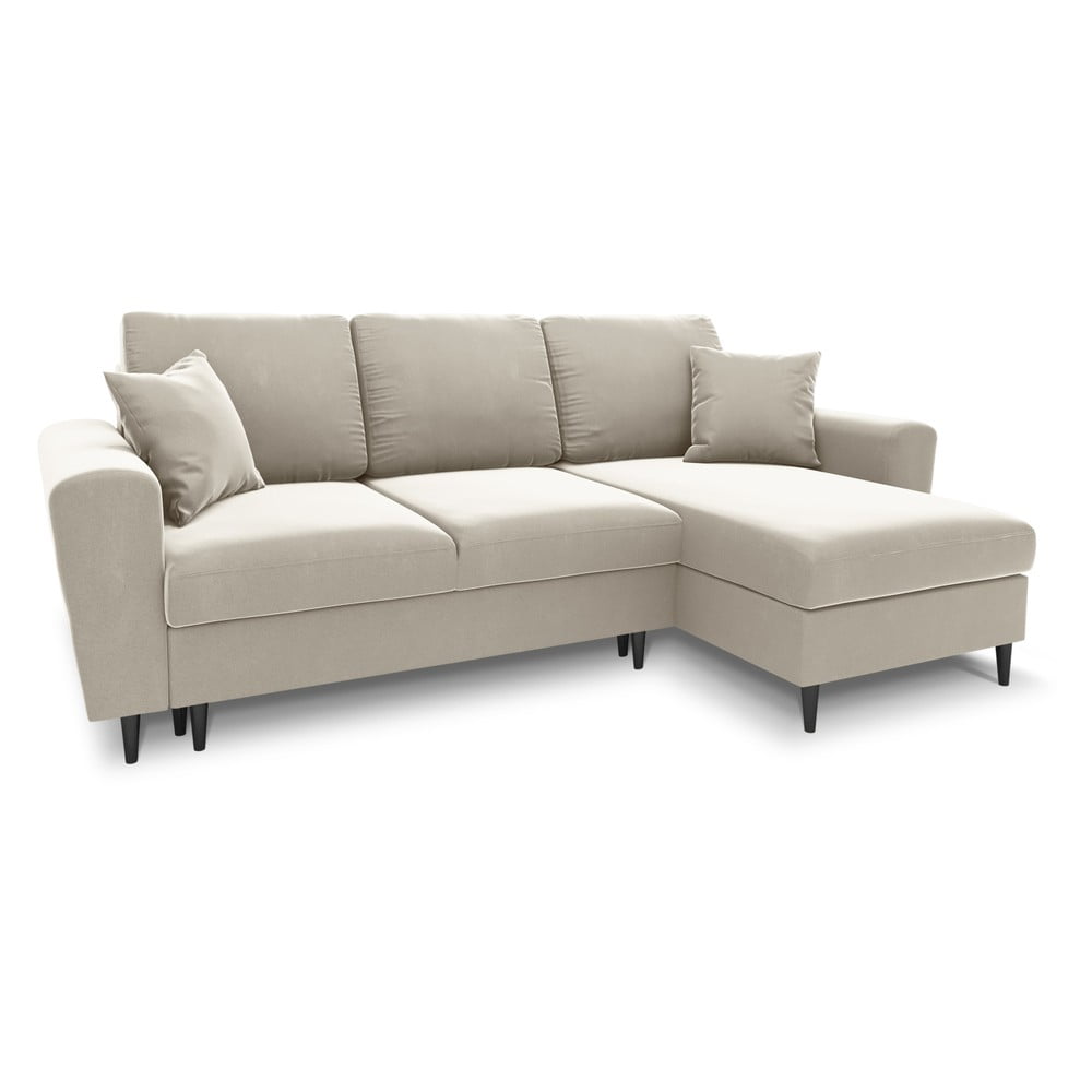 Bézs bársony kinyitható tárolóhelyes sarokkanapé Kyoto – Cosmopolitan Design