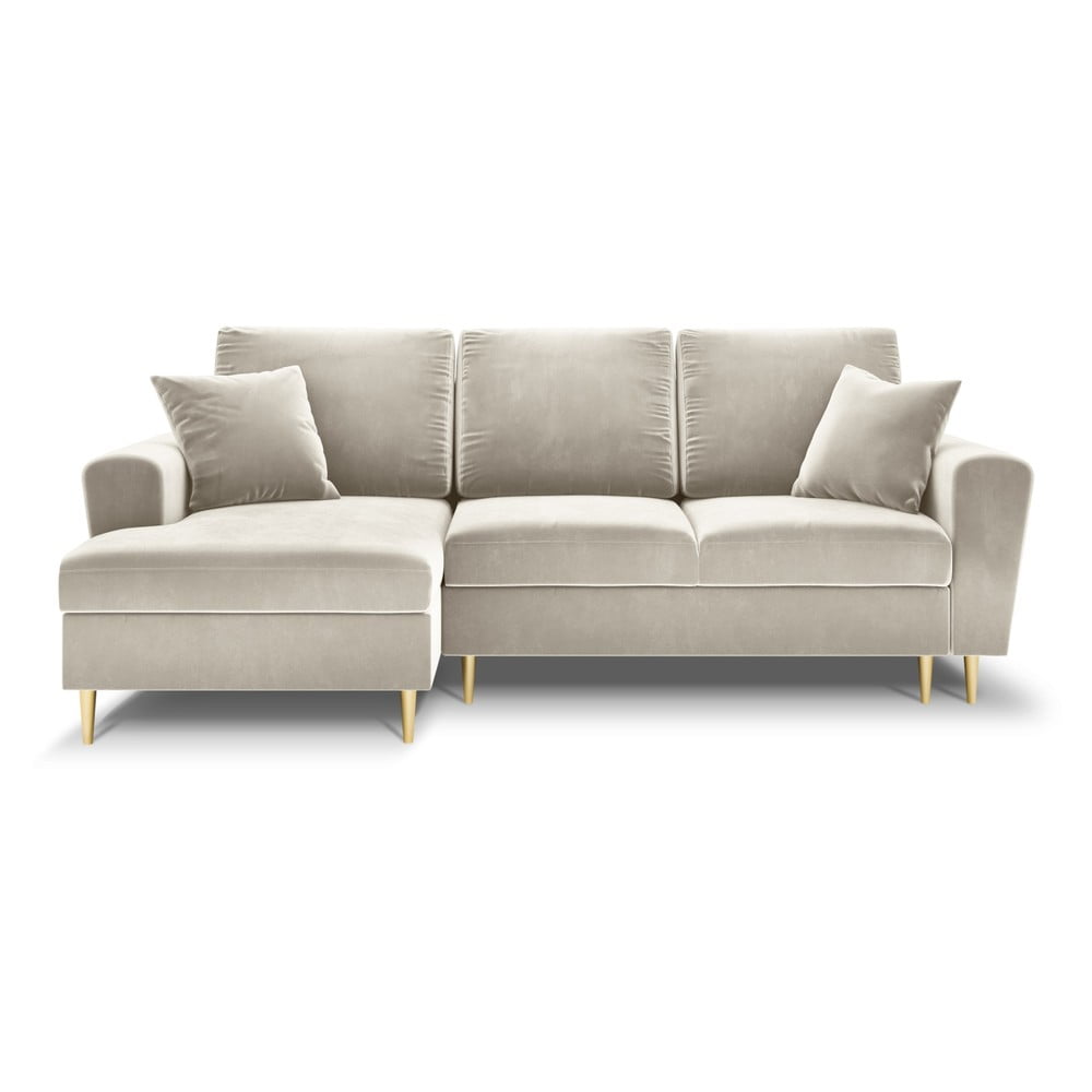 Bézs bársony kinyitható tárolóhelyes sarokkanapé (bal oldali-heverő résszel) Kyoto – Cosmopolitan Design