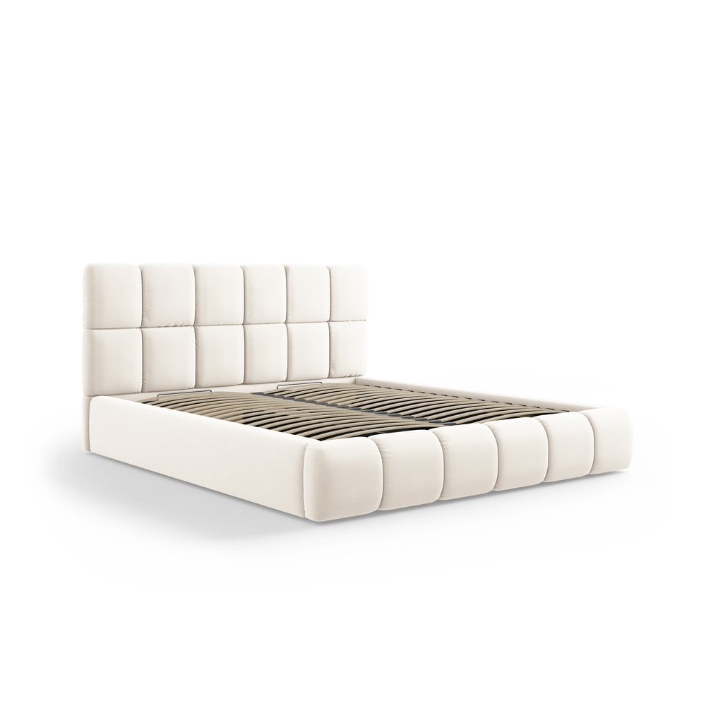 Krémszínű bársony kárpitozott ágyneműtartós franciaágy ágyráccsal 200x200 cm Bellis – Micadoni