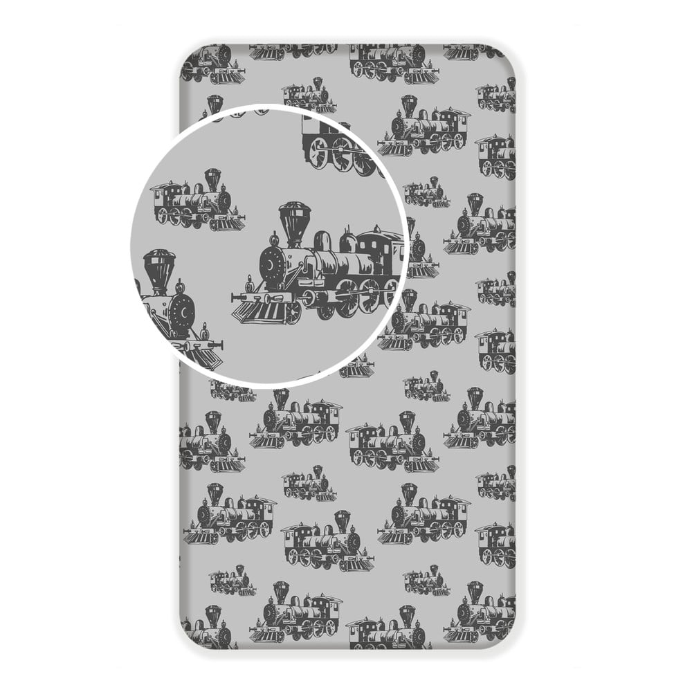 Szürke gumis pamut gyerek lepedő 90x200 cm Train – Jerry Fabrics