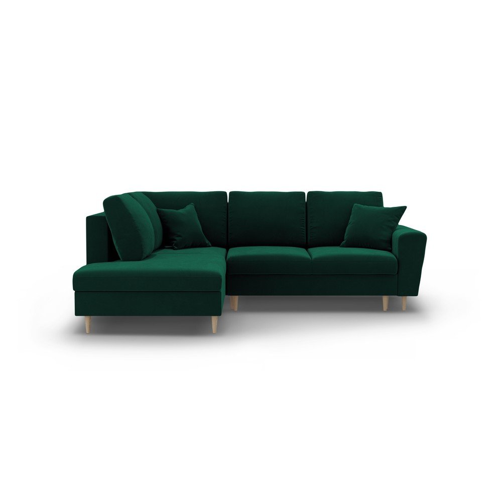Zöld bársony kinyitható tárolóhelyes sarokkanapé (bal oldali-L alakú) Kyoto – Cosmopolitan Design
