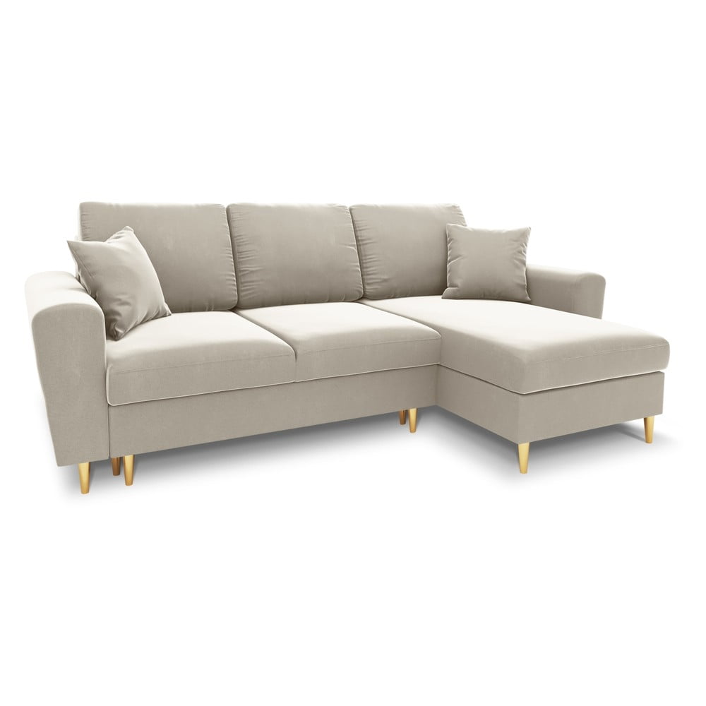 Bézs bársony kinyitható tárolóhelyes sarokkanapé Kyoto – Cosmopolitan Design