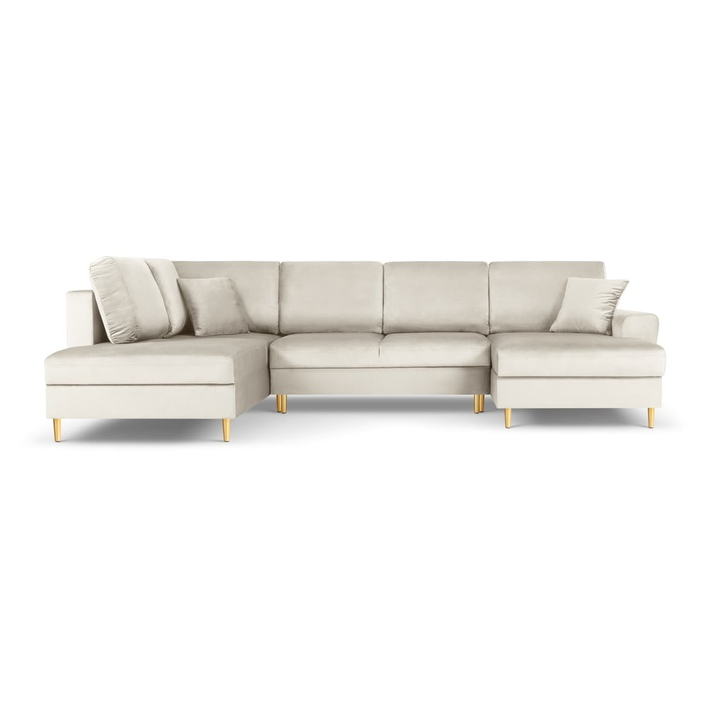 Bézs bársony kinyitható tárolóhelyes sarokkanapé (bal oldali-U alakú) Kyoto – Cosmopolitan Design