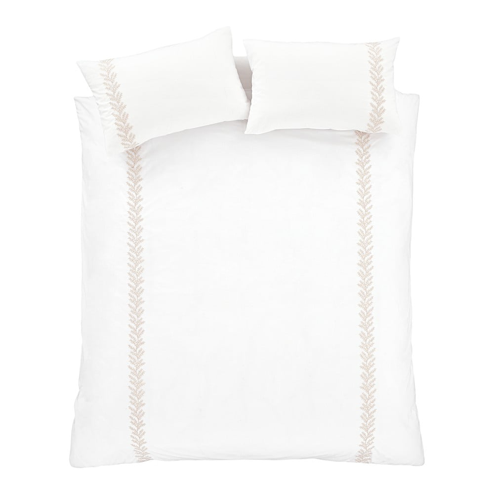 Fehér-bézs kétszemélyes hosszabbított pamut ágyneműhuzat 260x220 cm Embroidery Leaf – Bianca