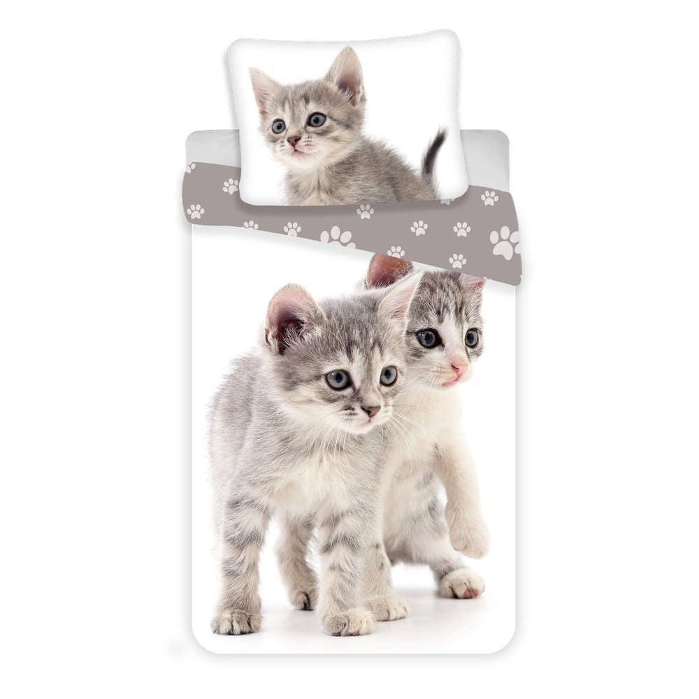 Fehér-szürke egyszemélyes pamut gyerek ágyneműhuzat 140x200 cm Kitten "Grey" – Jerry Fabrics