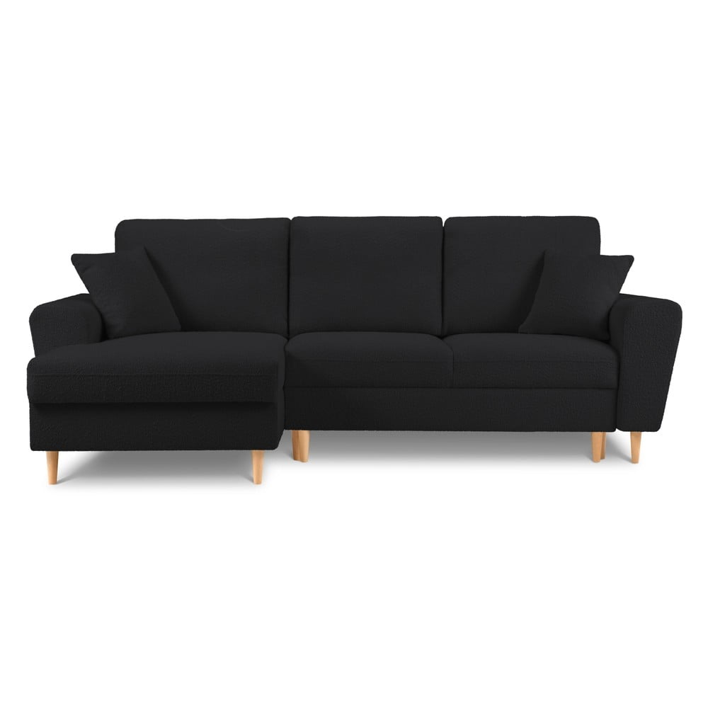 Fekete buklé kinyitható tárolóhelyes sarokkanapé (bal oldali-heverő résszel) Kyoto – Cosmopolitan Design