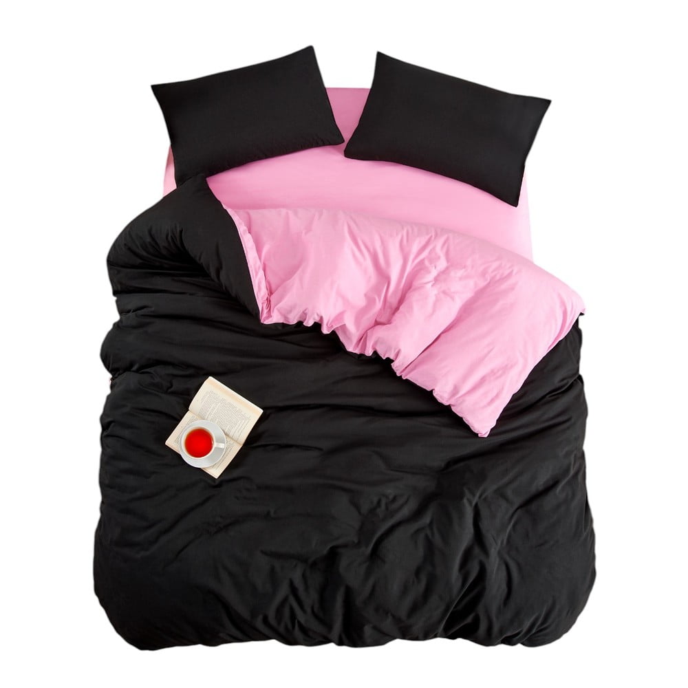 Fekete-rózsaszín négyrészes kétszemélyes hosszabbított ágyneműhuzat lepedővel 200x220 cm Classic – Mila Home