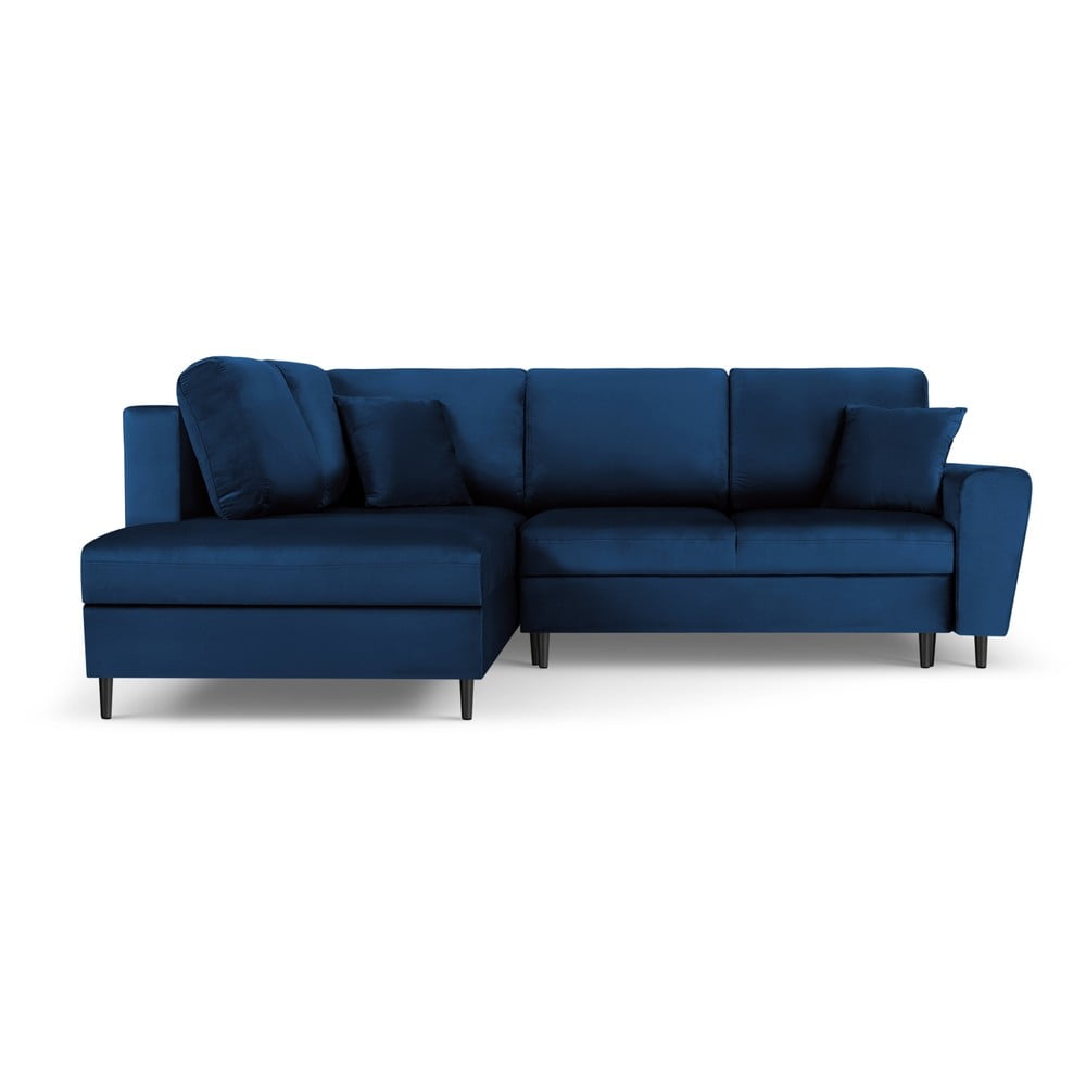 Kék bársony kinyitható tárolóhelyes sarokkanapé (bal oldali-L alakú) Kyoto – Cosmopolitan Design