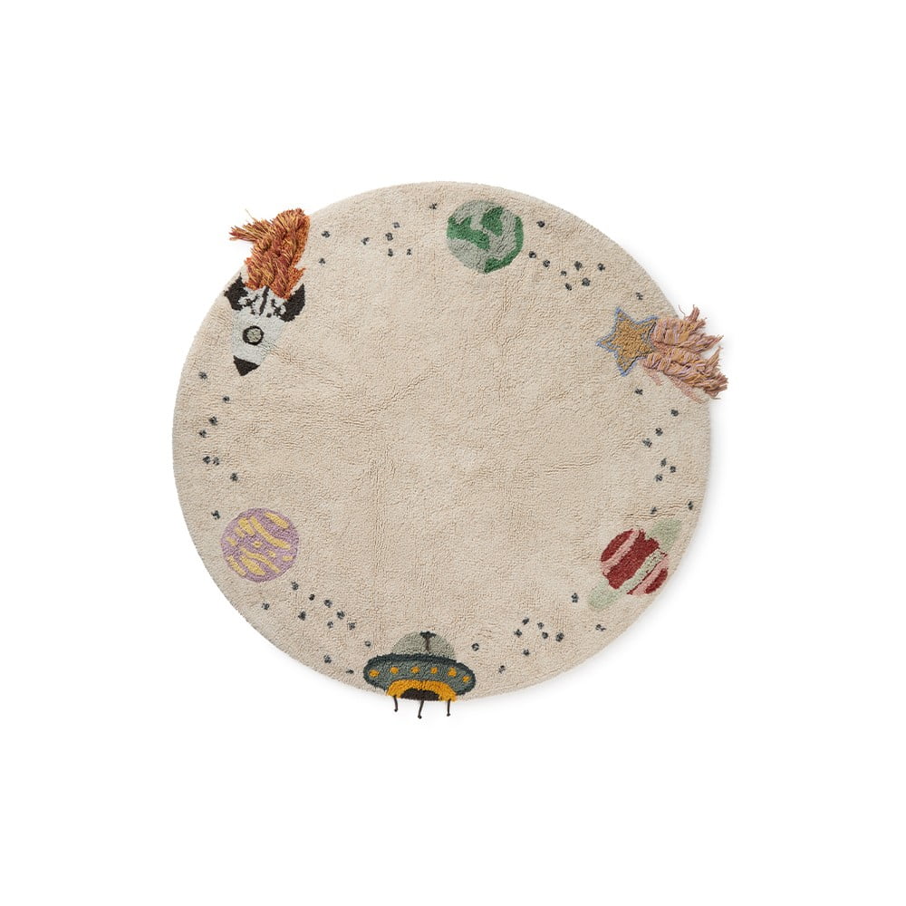 Krémszínű mosható kézi szövésű pamut gyerek játszószőnyeg ø140 cm Interstellar Journey – Lorena Canals