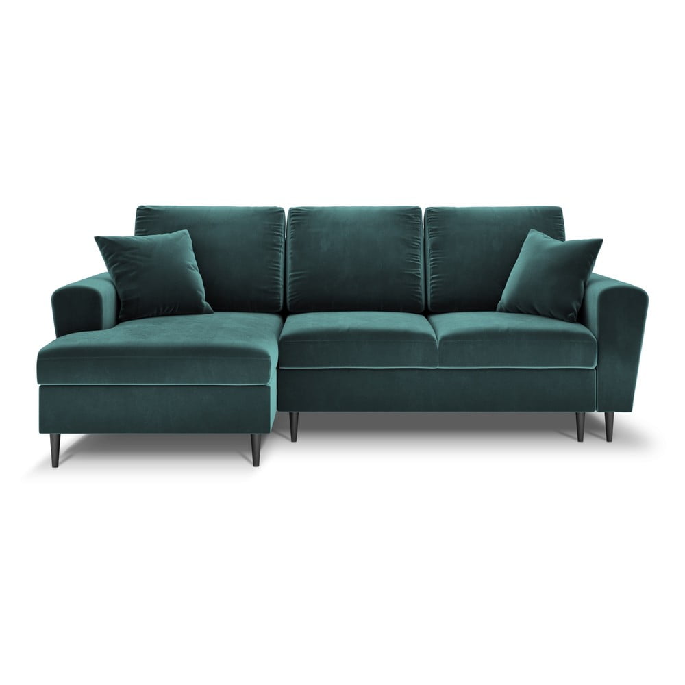 Petróleum színű bársony kinyitható tárolóhelyes sarokkanapé (bal oldali-heverő résszel) Kyoto – Cosmopolitan Design