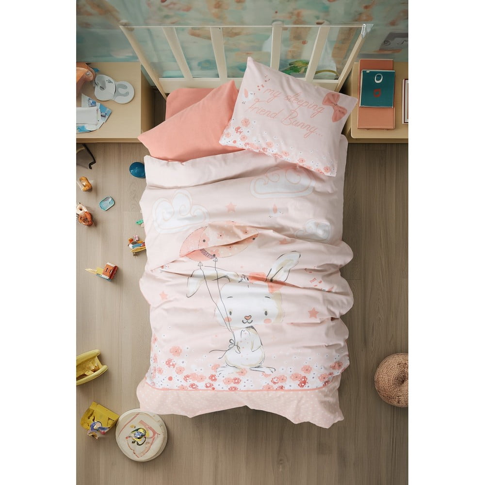 Rózsaszín négyrészes  renforcé pamut gyerek ágyneműhuzat babaágyhoz lepedővel 100x150 cm Rapeti – Mijolnir