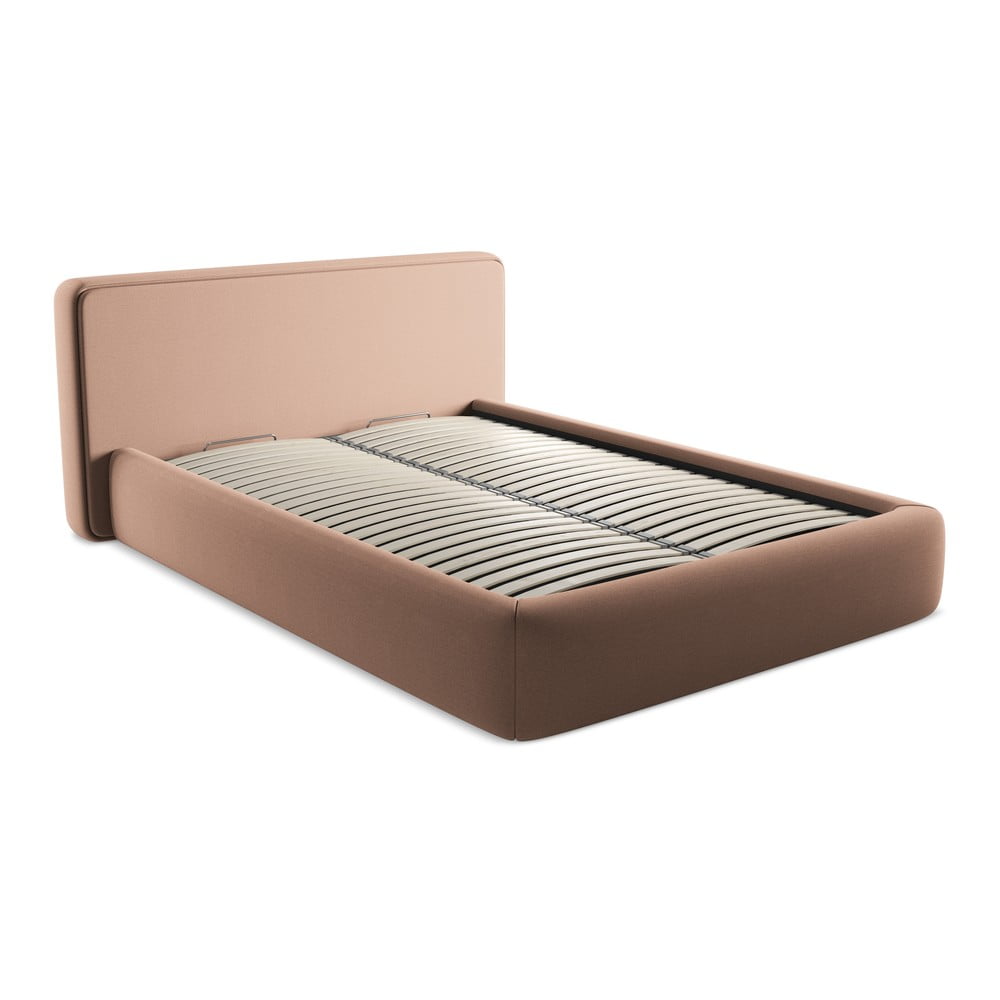 Világos rózsaszín kárpitozott ágyneműtartós franciaágy ágyráccsal 140x200 cm Kiana – Makamii