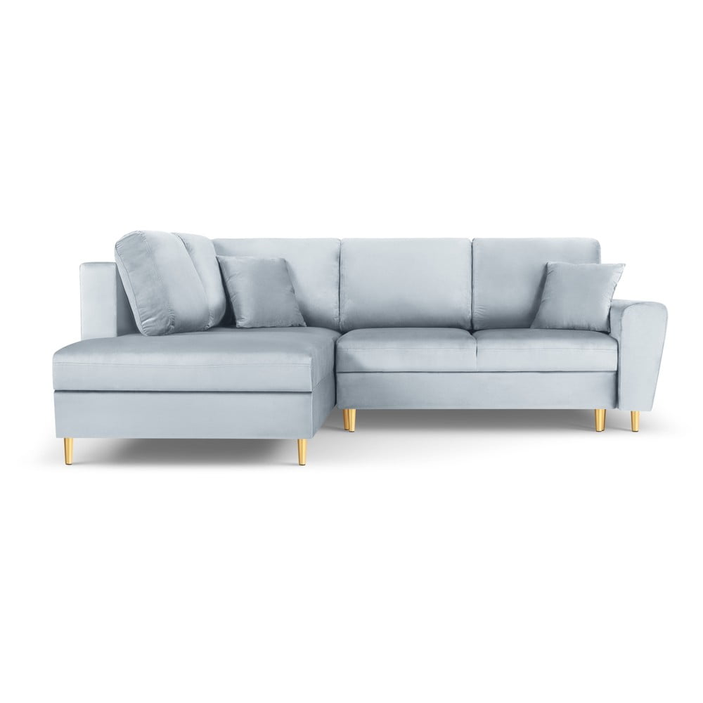 Világoskék bársony kinyitható tárolóhelyes sarokkanapé (bal oldali-L alakú) Kyoto – Cosmopolitan Design