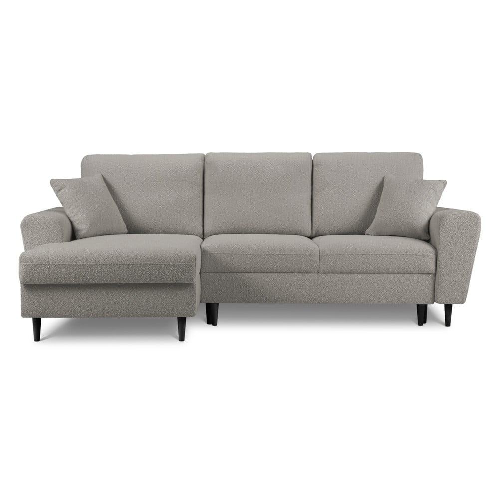 Világosszürke buklé kinyitható tárolóhelyes sarokkanapé (bal oldali-heverő résszel) Kyoto – Cosmopolitan Design