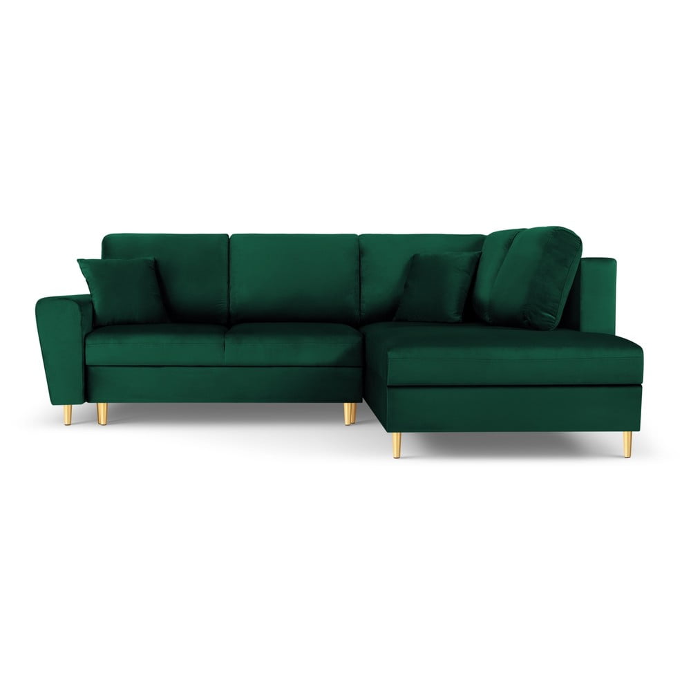 Zöld bársony kinyitható tárolóhelyes sarokkanapé (jobb oldali-L alakú) Kyoto – Cosmopolitan Design
