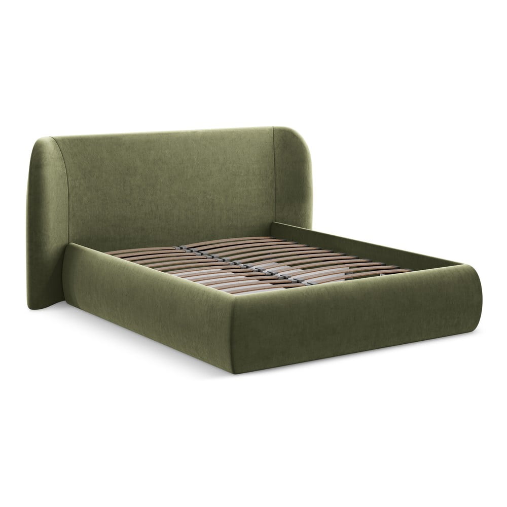 Zöld kárpitozott ágyneműtartós franciaágy ágyráccsal 160x200 cm Hauke – Makamii